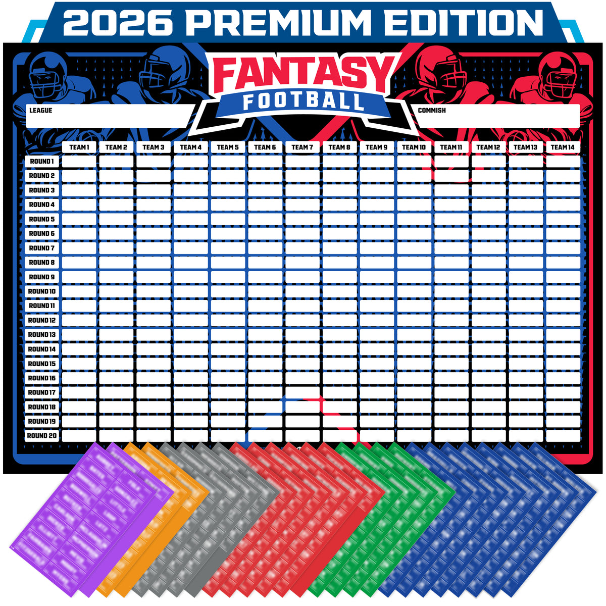 Fantasy Football Draft Board 2026 Kit – Extra Large Set with 491 Player Labels – Premium Color Edition