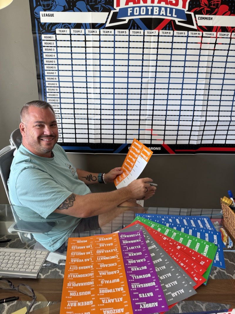 Customer organizing the color-coded player sticker sheets