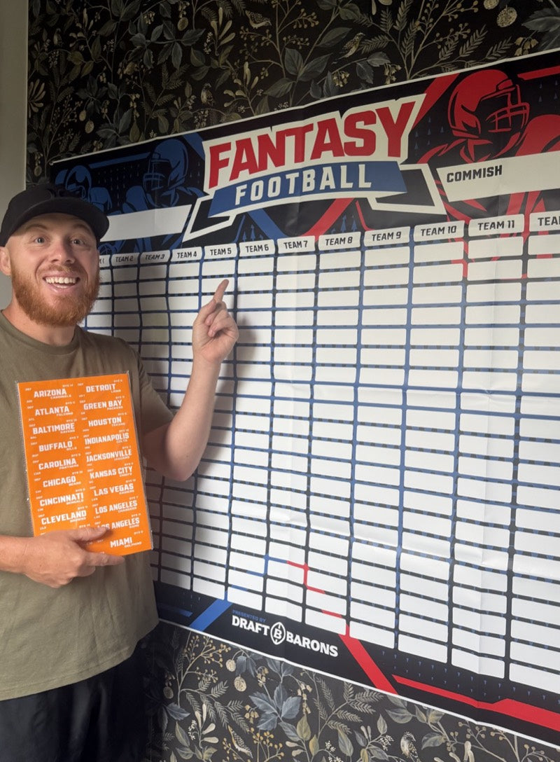 Customer placing a team label on the Draft Barons board